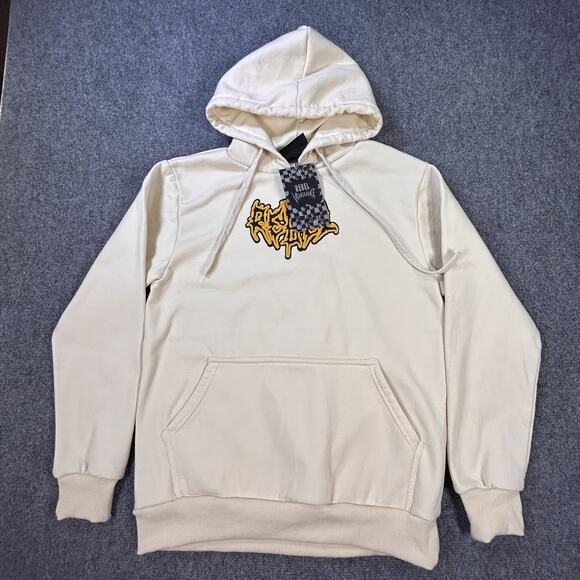 Rebel Vengeance Hoodie Mens Medium Beige Skull Graphic Pullover Streetwear New - Picture 2 of 9